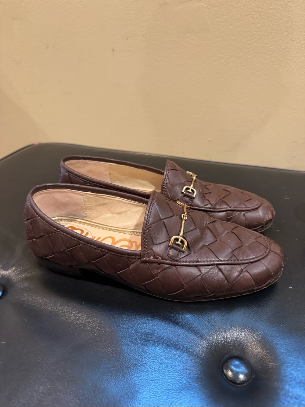 Sam Edelman Brown Woven Leather Loafers with Gold Bit